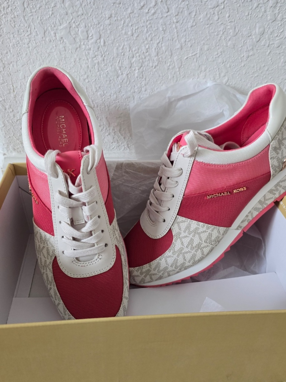 Michael Kors Allie Wrap Trainer Sneakers in Rose, Berry, beige color